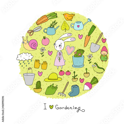 Cute cartoon rabbit girl and Set of garden objects. Plants, pots and tools for gardening.