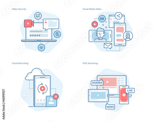 Set of concept line icons for social media video, cloud recording, VOD streaming, video security, online video streaming. UI/UX kit for web design, applications, mobile interface, print design. 