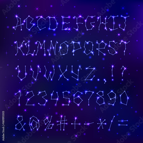 Font space constellation alphabet typeface script star geometry design typographic abstract letters symbols vector illustration.