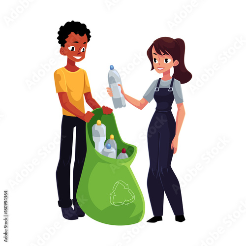 men and woman collect plastic bottles into garbage bags, waste recycling concept, cartoon vector illustration isolated on white background. A