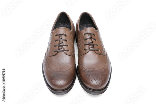 Male Brown Shoe on White Background, Isolated Product, Top View, Studio. 