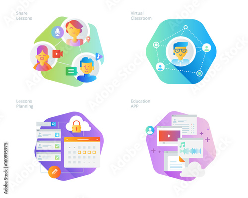 Material design icons set for online education, apps, virtual classroom, education network, lecture program for teachers. UI/UX kit for web design, applications, mobile interface, print design. 