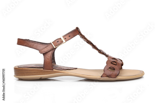Female Brown Sandal on White Background, Isolated Product, Top View, Studio. 