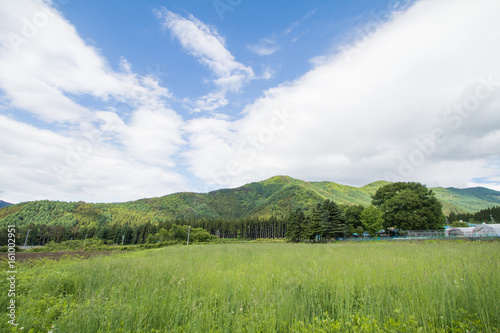 Beautiful landscape of Takayama mura at sunny summer or spring day and blue sky in Kamitakai District in northeast Nagano