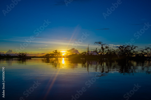 Beautiful silhouetted against an orange sky at sunset over Laguna Grande in the Cuyabeno National Park  in Ecuador