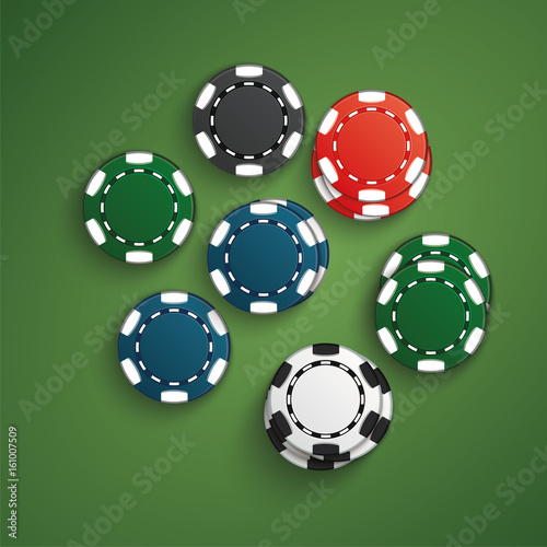 Set of casino chips with shadow. Poker chips realistic layout. Colorful. Black, white, red, blue, green, casino chips stacks top view isolated on poker table.