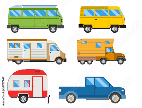 Campers vacation travel car summer nature holiday trailer house vector illustration flat transport