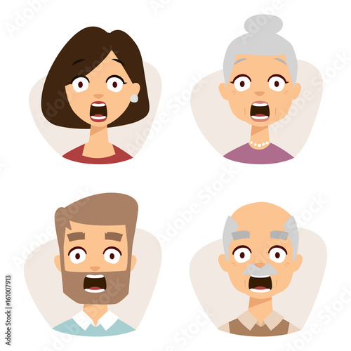 Vector set beautiful emoticons face of people fear shock surprise avatars characters illustration