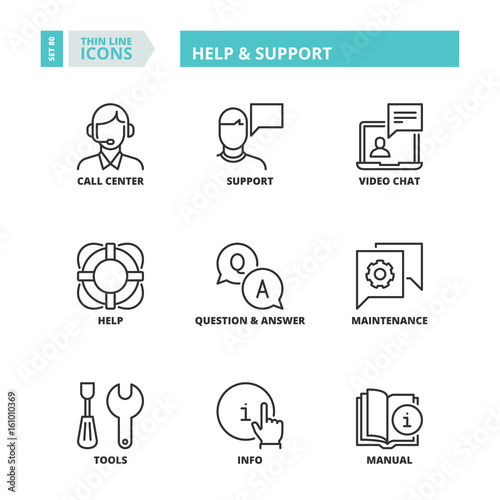 Thin line icons. Help and support