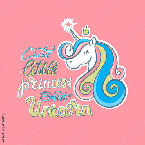 Vector unicorn, little princess, sweet, cute. Print design for T-shirts, postcards,  icon isolated, cartoon.