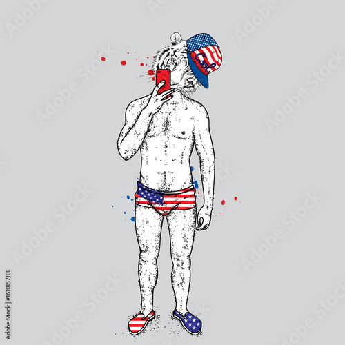 Fototapeta Naklejka Na Ścianę i Meble -  Tiger with a beautiful male body in swimming trunks and shoes. A guy takes pictures of himself on a smartphone in the mirror. Vector illustration for a postcard or a poster, print for clothes. Cat.
