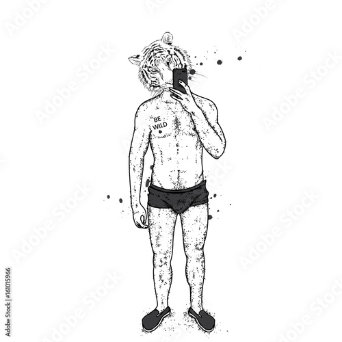 Fototapeta Naklejka Na Ścianę i Meble -  Tiger with a beautiful male body in swimming trunks and shoes. A guy takes pictures of himself on a smartphone in the mirror. Vector illustration for a postcard or a poster, print for clothes. Cat.