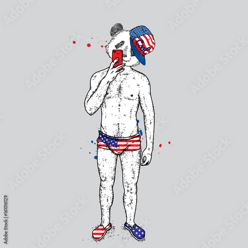 Fototapeta Naklejka Na Ścianę i Meble -  Panda with a beautiful male body in swimming trunks and shoes. A guy takes pictures of himself on a smartphone in the mirror. Vector illustration for a postcard or a poster, print for clothes. Bear.