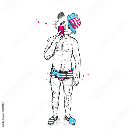 Fototapeta Naklejka Na Ścianę i Meble -  Panda with a beautiful male body in swimming trunks and shoes. A guy takes pictures of himself on a smartphone in the mirror. Vector illustration for a postcard or a poster, print for clothes. Bear.