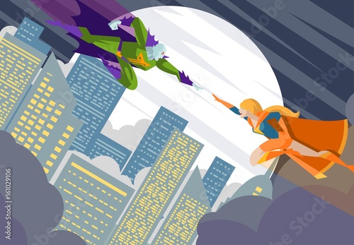 superhero girl fighting a villain in the city sky