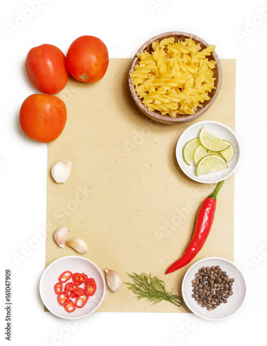 Ingredients for cooking Italian pasta - top view 