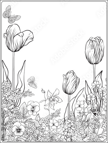 Composition with spring flowers: tulips, daffodils, violets, forget-me-nots in botanical style. Stock line vector illustration. Outline hand drawing coloring page for adult coloring book.

