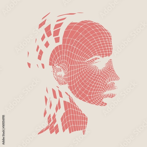 Head of the person from a 3d Grid. Human head wire model. 3D geometric face design. Polygonal covering skin.