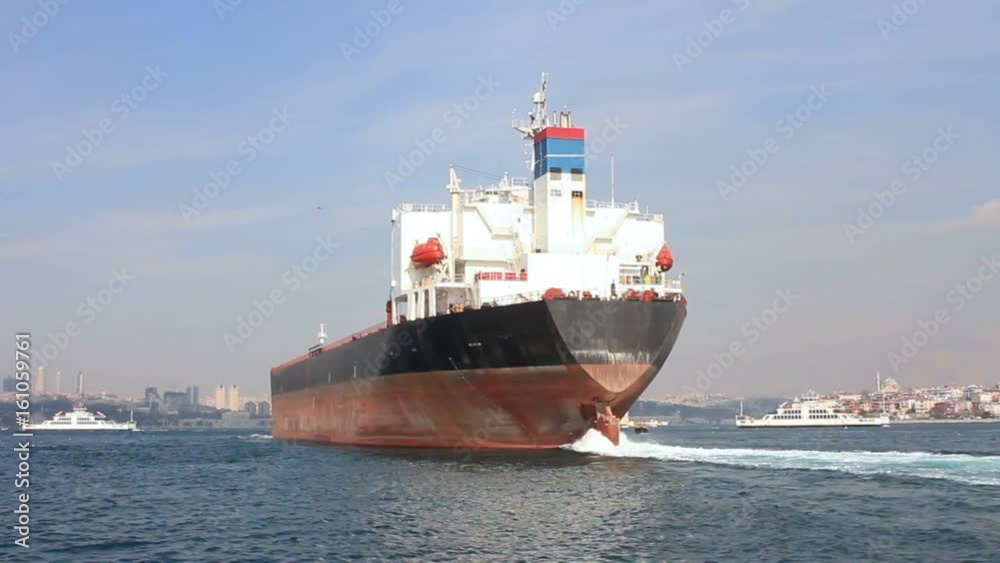 Oil tanker ship on route to Black Sea. Back view of the large tanker ship Oil tanker ship on route to Black Sea. Back view of the large tanker ship