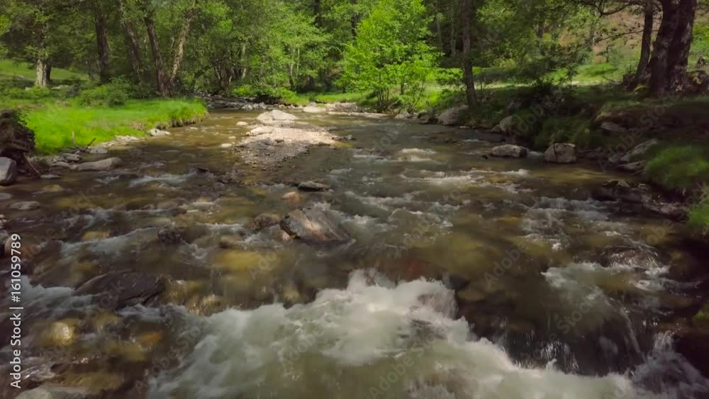 Flying over Mountain River Bed with Green Vegetation. Flying over Mountain River Bed with Green Vegetation.
