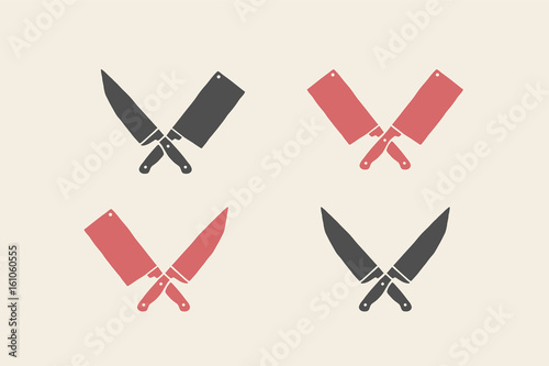 Set of restaurant knives icons. Silhouette two butcher knives - Cleaver and Chef Knives. Logo template for meat business - farmer shop, market or design - label, banner, sticker. Vector Illustration