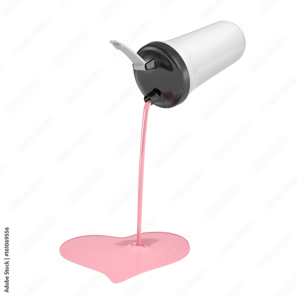 3d rendering of a white overturned water shaker with a black cover and pink milkshake leaking out in a heart shape puddle. 3d rendering of a white overturned water shaker with a black cover and pink milkshake leaking out in a heart shape puddle.