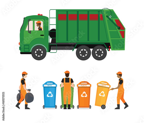 City waste recycling concept with garbage truck and garbage collector isolated on white background.