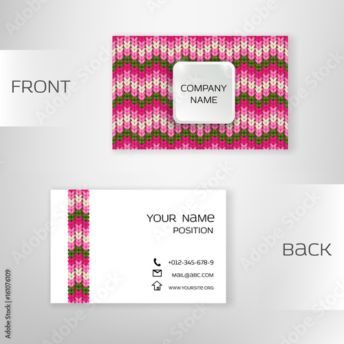 Business card template with knitted background. Editable design for handcraft branding.

