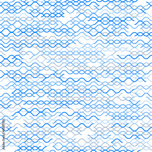 Geometric random lines pattern. Abstract technology background with blue and grey geometric shapes in tessellation on white. Linear abstract lattice, random coloring. Vector seamless linear pattern.