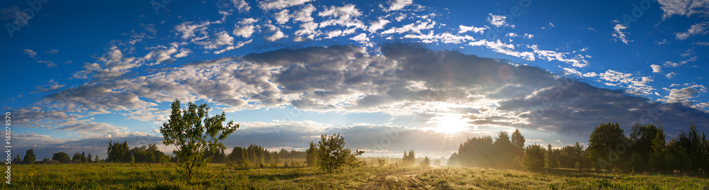 rural summer landscape with road, a meadow,forest and fog, panorama rural summer landscape with road, a meadow,forest and fog, panorama