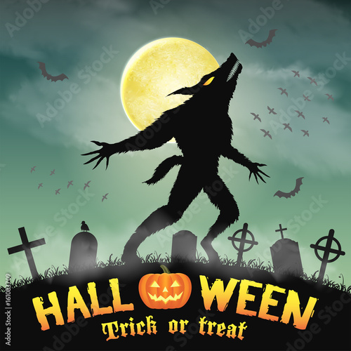 halloween silhouette werewolf in a night graveyard