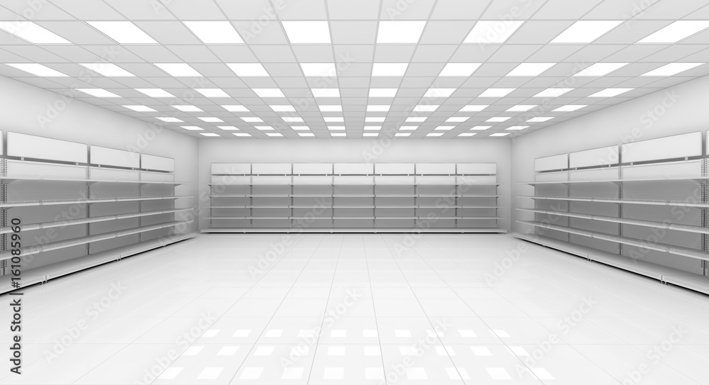 Interior of a supermarket with shelves for goods. 3d image. Interior of a supermarket with shelves for goods. 3d image.