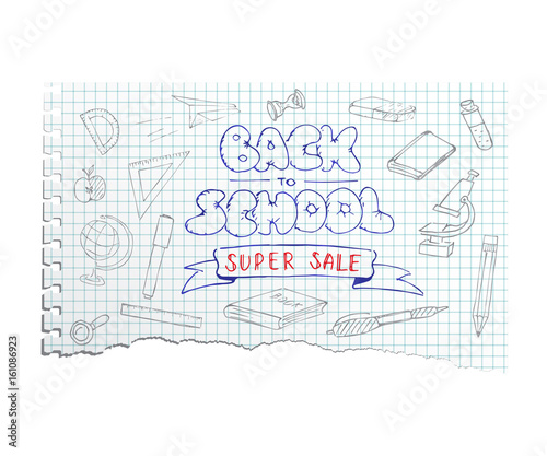 Torn copybook sheet with pen hand drawn Back to School Super Sale text. Vector illustration.
