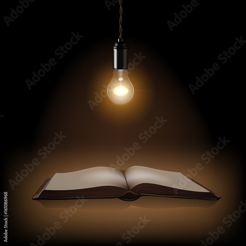 Lamp and opened book on dark background. Vector illustration.