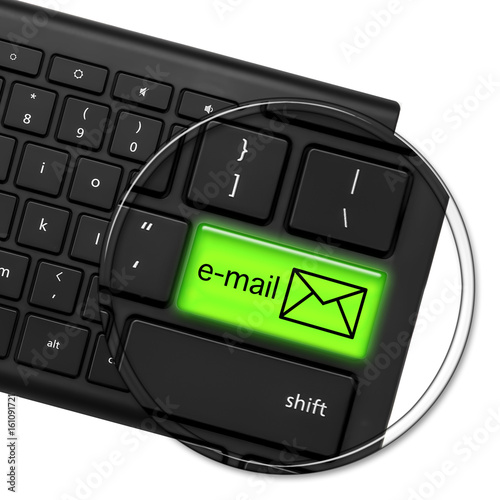 Computer Keyboard with the words e-mail, on a bright shiny green Button. E-mail Button. 3D photo