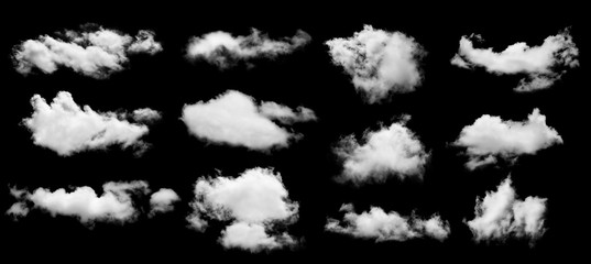 set of white cloud isolated on black background