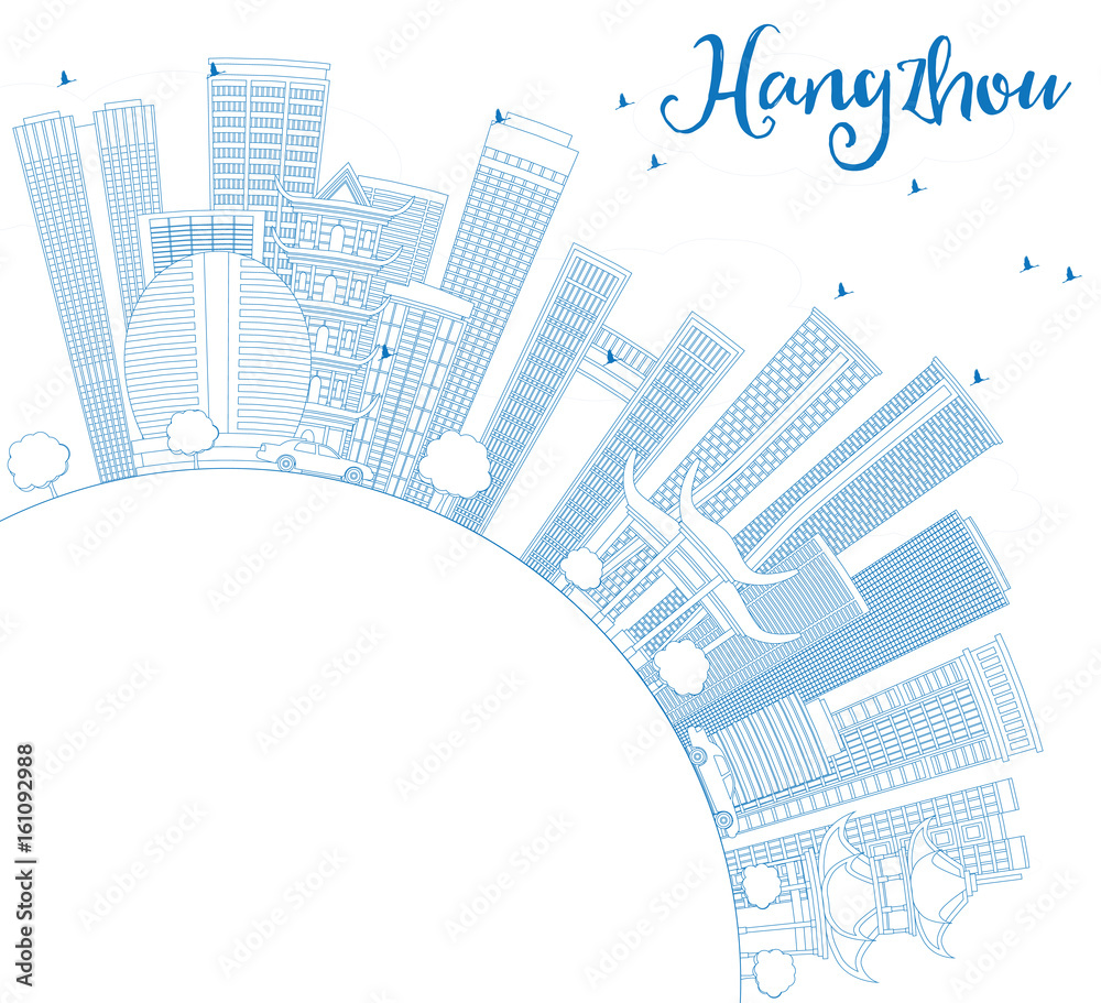 Outline Hangzhou Skyline with Blue Buildings and Copy Space.