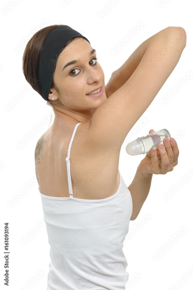 pretty woman with antiperspirant deodorant, on white pretty woman with antiperspirant deodorant, on white