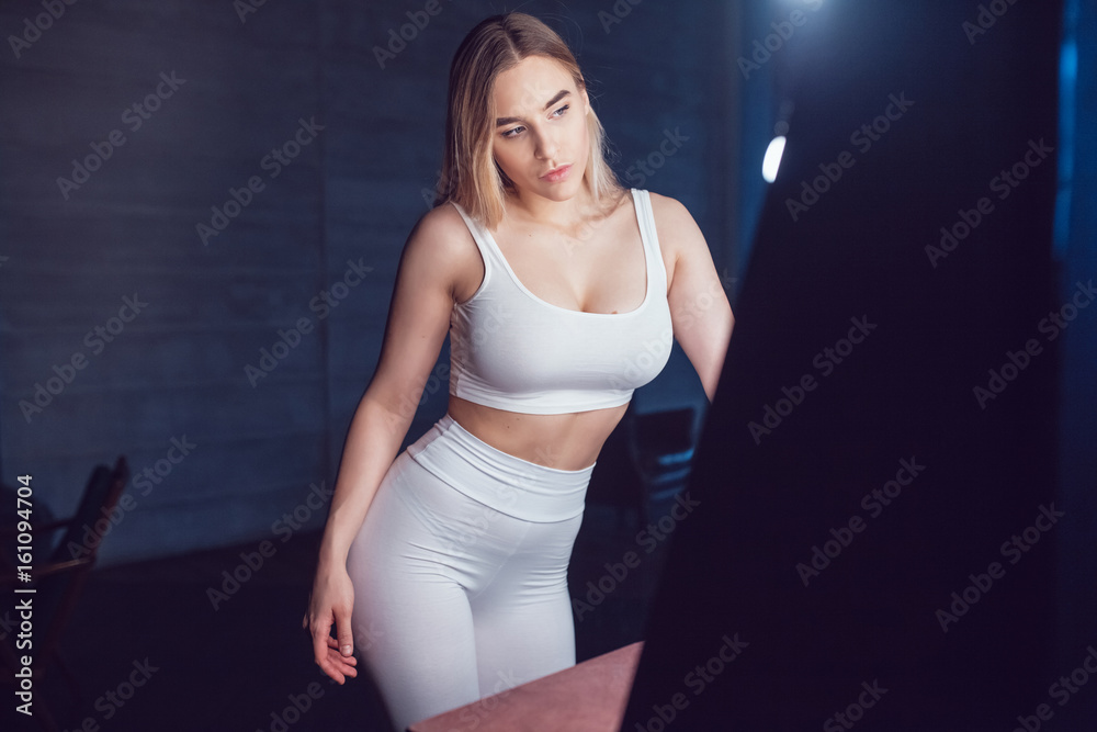 Sexy girl with huge breast in a white top and leggings. Mock-up. Stock  Photo | Adobe Stock