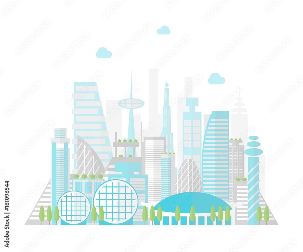 Cartoon Future City on a Landscape Background. Vector