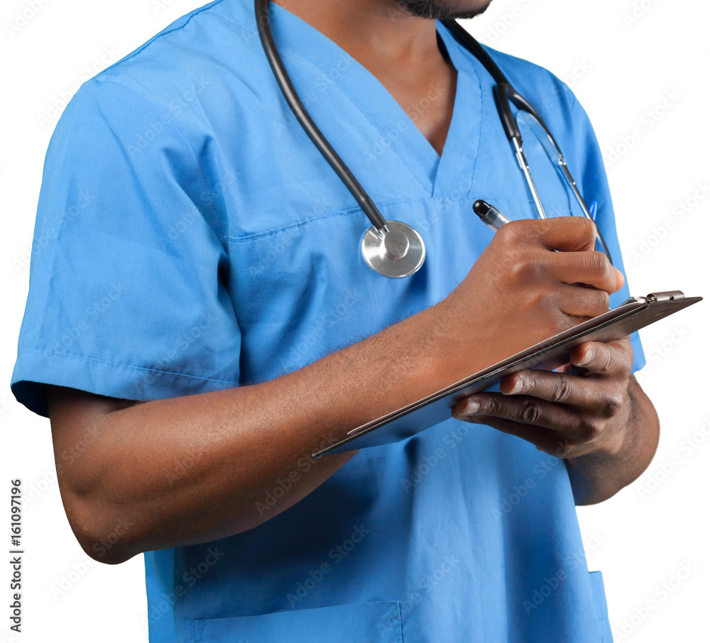 doctor with flip chart isolated on white