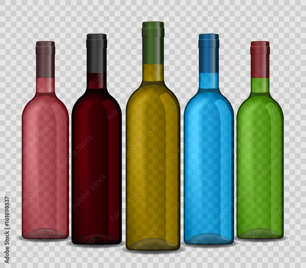 Set of realistic wine bottle on a transparent background. Shiny bottle vector illustration. Set of realistic wine bottle on a transparent background. Shiny bottle vector illustration.