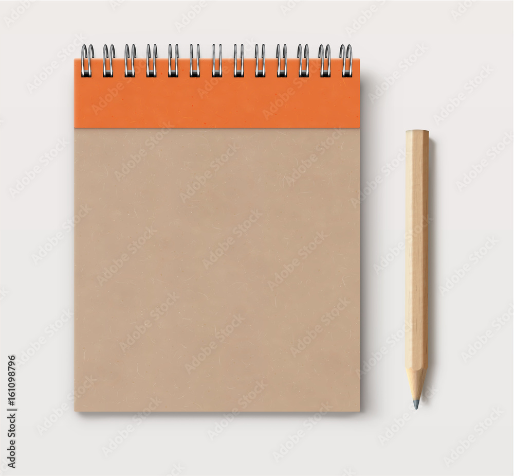 Vector illustration of top view of closed spiral brown craft paper cover notebook with detailed classic wooden pencil on white desk background Vector illustration of top view of closed spiral brown craft paper cover notebook with detailed classic wooden pencil on white desk background