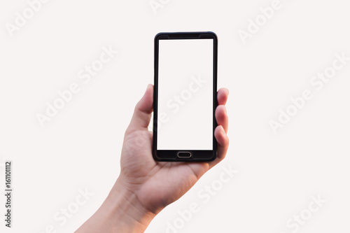 Hand holding mobile smart phone isolated on white blackgroune