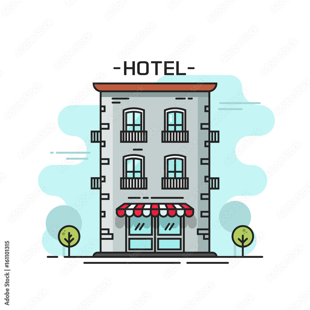 Hotel building vector illustration line outline art flat carton style from  city street view, hostel motel guest house small apartment graphic design  linear thin stroke Stock Vector | Adobe Stock
