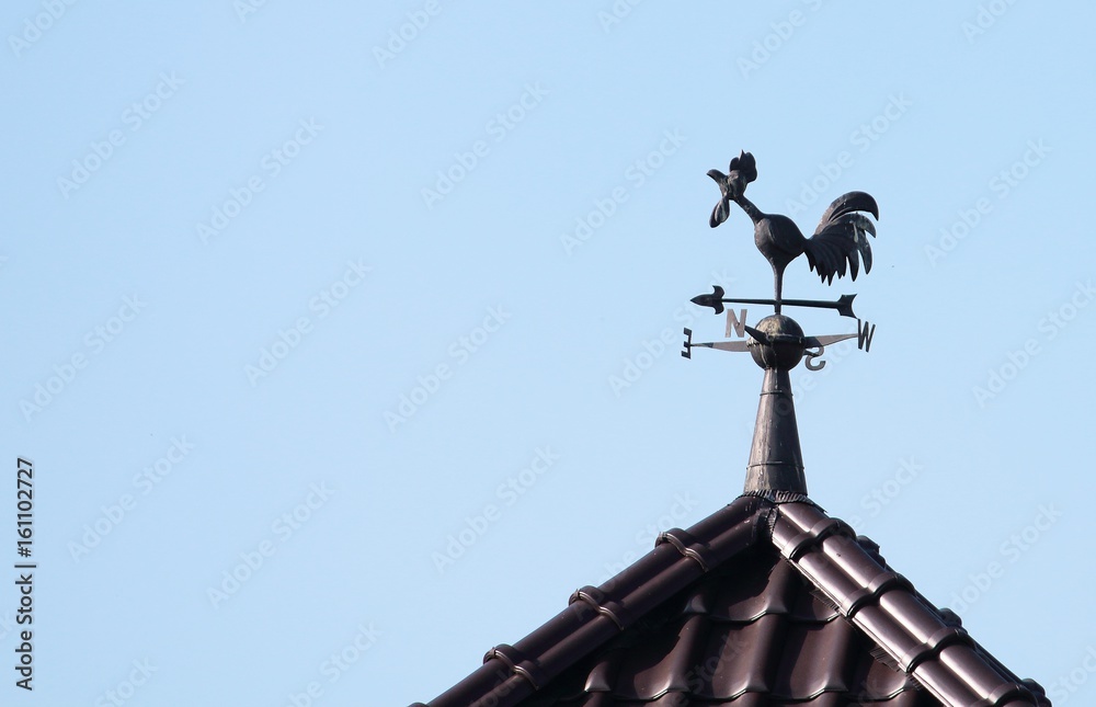 silhouette of a rooster weather vane on the roof