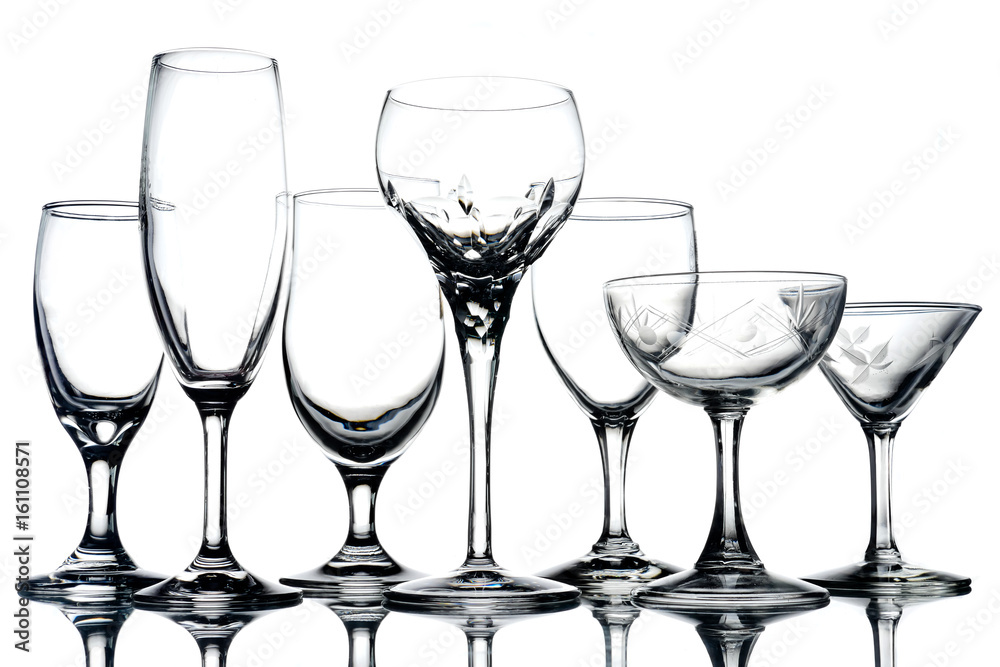 Collage of empty glasses on white background. Collage of empty glasses on white background.