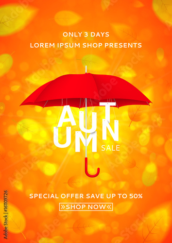 Beautiful flyer with umbrella for autumn sale. Bright orange background with the falling leaves. Vector illustration with papper white letters. Seasonal offer with discounts.