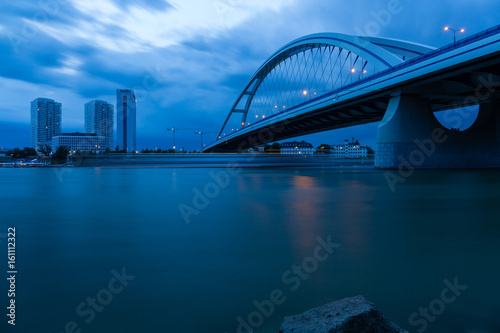 Photography Apollo bridge and highrise buildings in Bratislava, Slovakia.