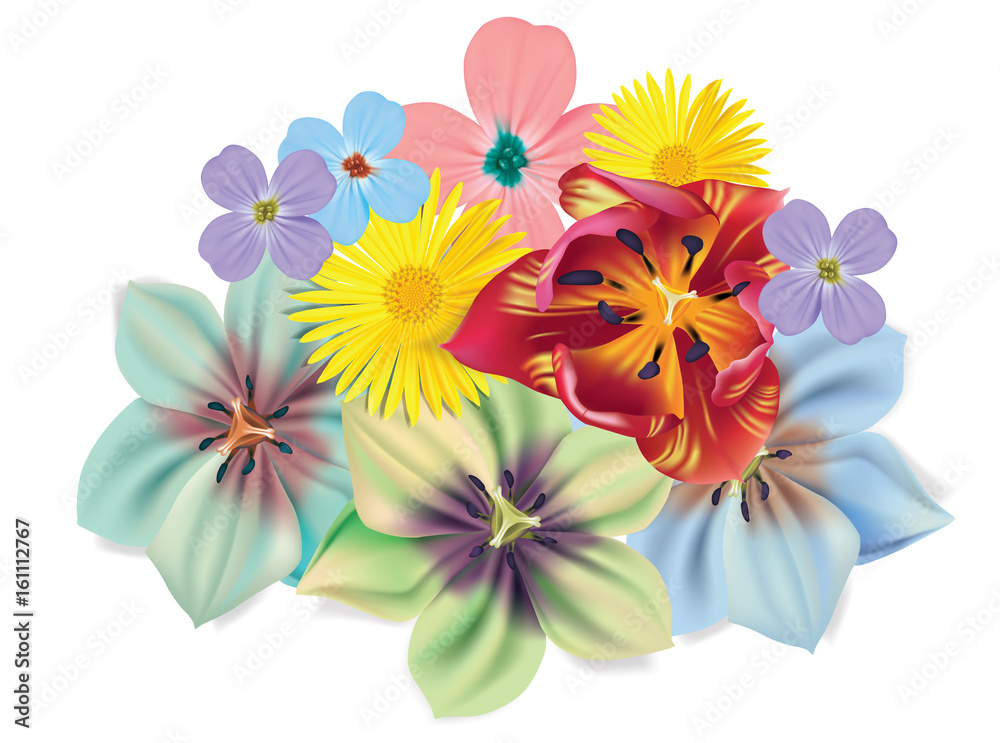 Beautiful bouquet of flowers. Vector summer flowers isolated on white background. Blossom for flower design. Chamomile, tulip, violets Beautiful bouquet of flowers. Vector summer flowers isolated on white background. Blossom for flower design. Chamomile, tulip, violets